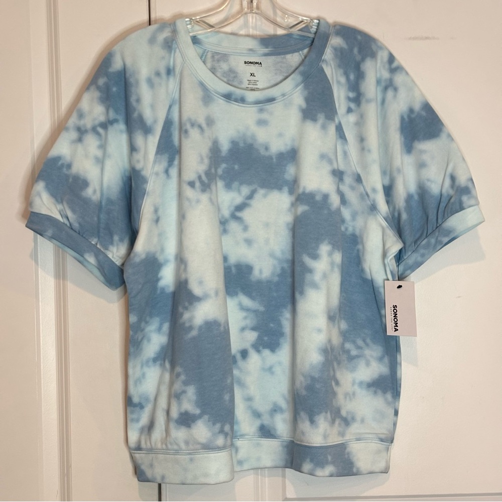 NWT Sonoma Blue Tie Dye Short Sleeve Sweatshirt Top XL